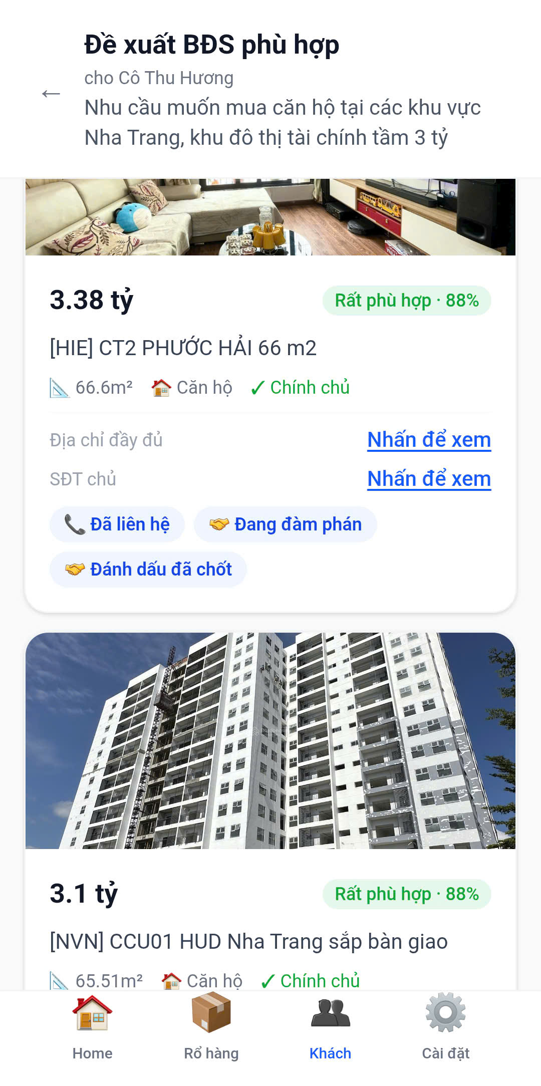 Đề xuất BĐS phù hợp cho khách hàng, kèm % độ phù hợp
