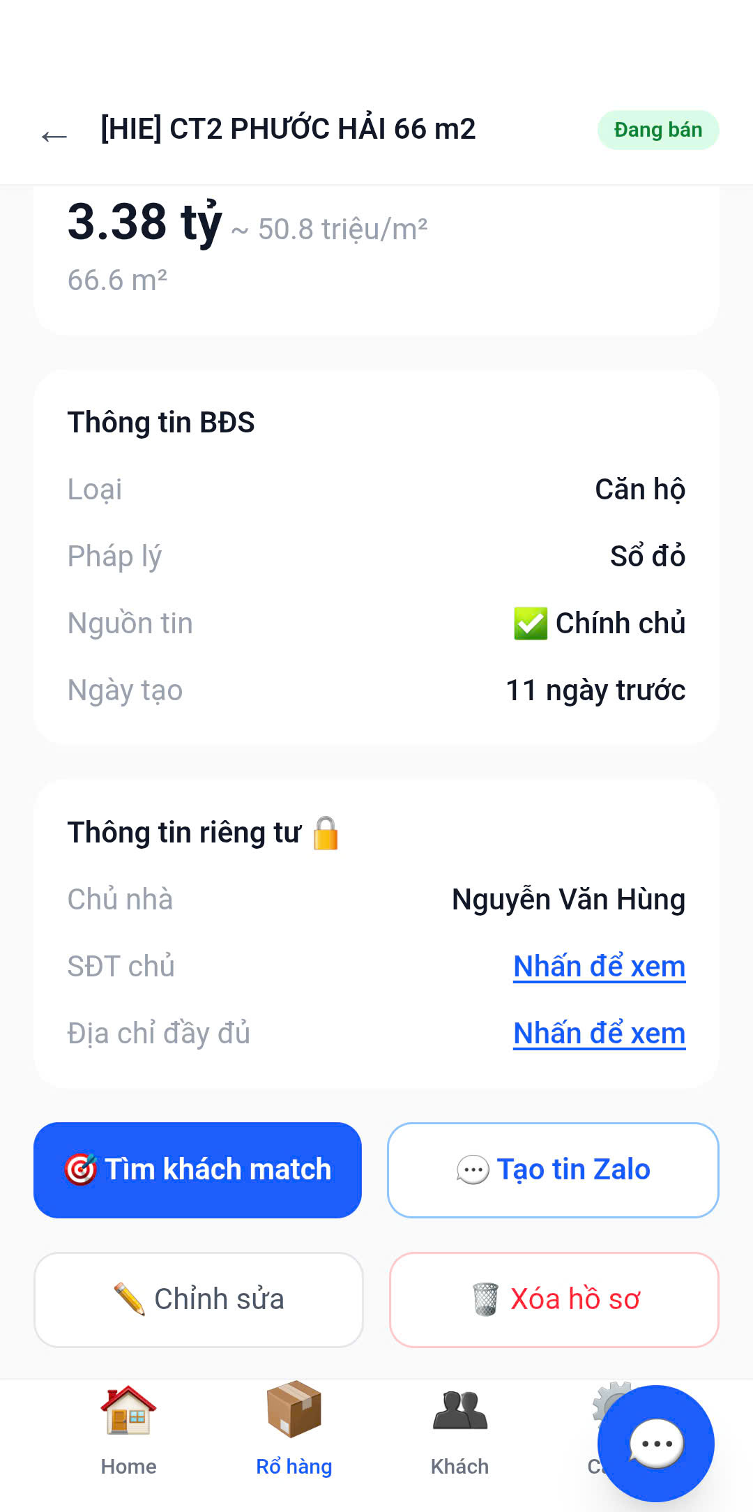 Thông tin riêng tư — SĐT chủ nhà ẩn mặc định, nhấn để xem