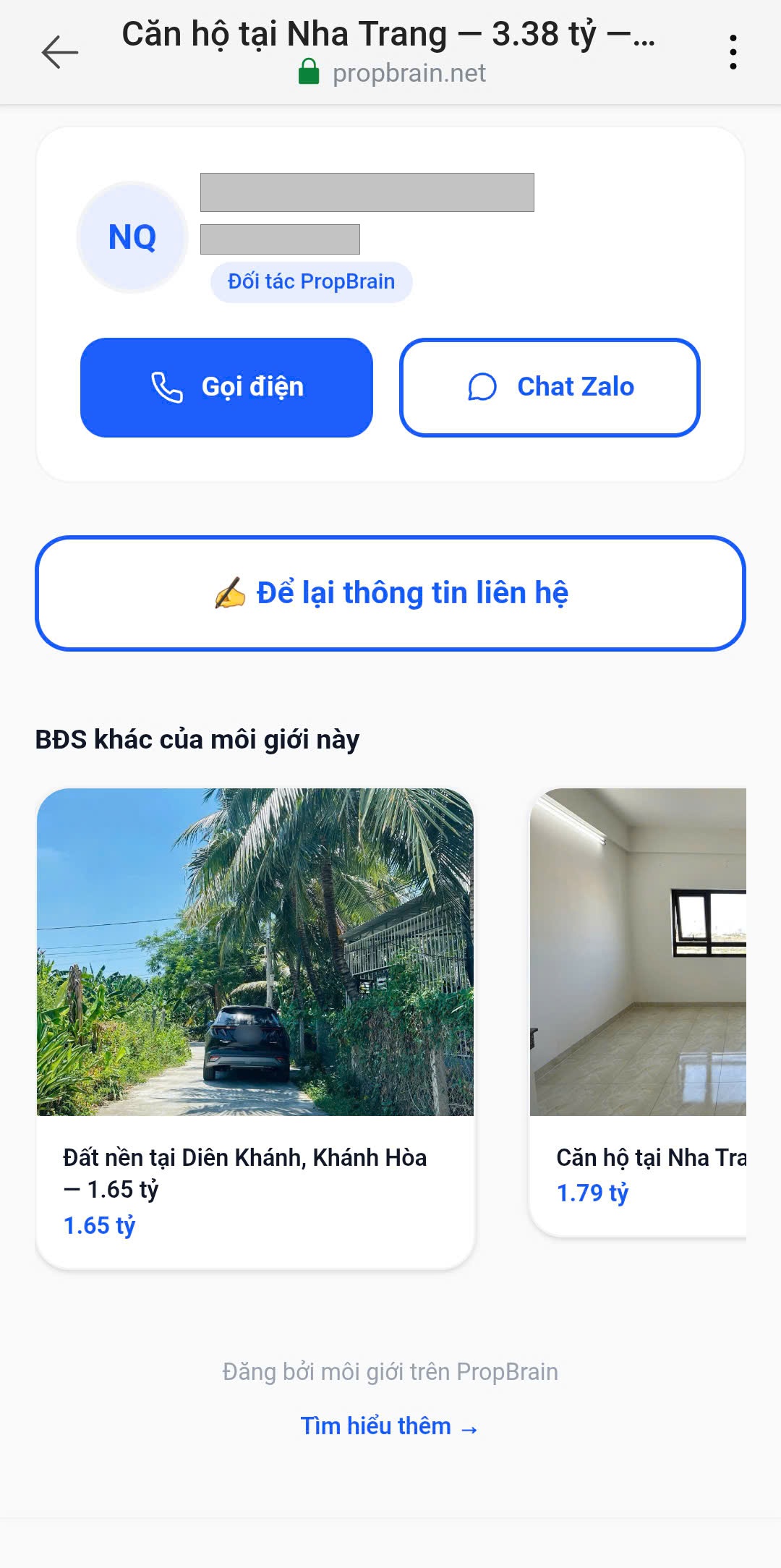 Web Card gắn thông tin liên hệ và giới thiệu thêm BĐS khác của bạn